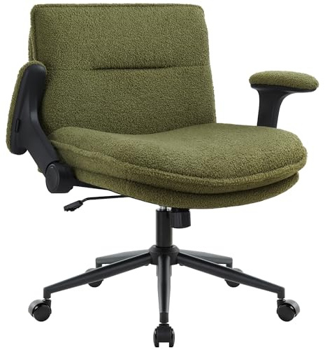 Kontorsstol med kors ben med hjul och flip-up-armar, ergonomisk bred sits skrivbordsstol med tjock vadderad, höjd justerbara korsstolar för hemmakontor, sovrum, sminkbord, grön