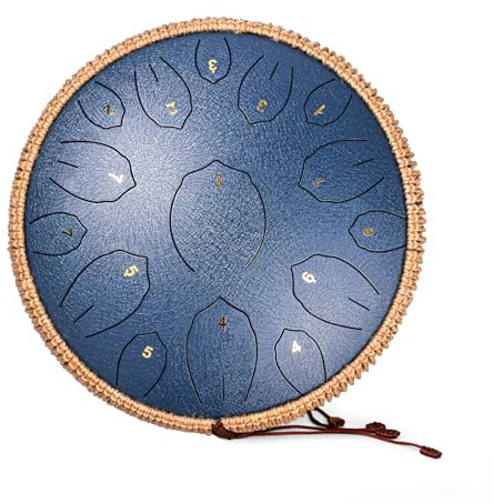 Zungentrommel aus Stahl, 35,6 cm, 15 Noten, Handpan-Trommeln für Erwachsene, Stahltrommel-Instrument mit Musikbuch, Handpan-Trommelschlägel aus Stahl und Tragetasche, C-Dur, Marineblau