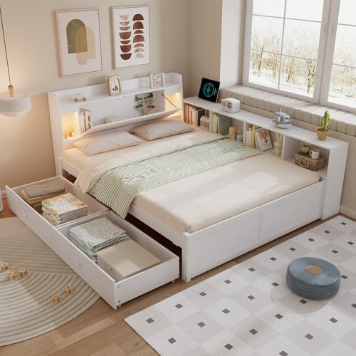 RIAZOS Kinderbett 140x200 cm, Doppelbett mit Stauschrank, Stauraumbett mit Schubladen, Kopfteil mit Nachttischlampe und USB-Ladefunktion, Jugendbett Erwachsenenbett, Weiß, ohne Matratze