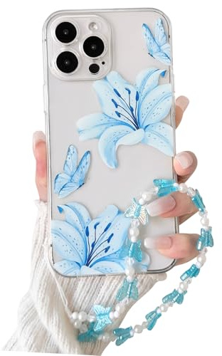 NITITOP for iPhone 15 Pro Max Case Clear Cute Flower Lily Chain,Blue | for Women Girls, Floral Butterfly Design, with Wrist Strap, Soft TPU Shockproof Cover, Full Camera Protection