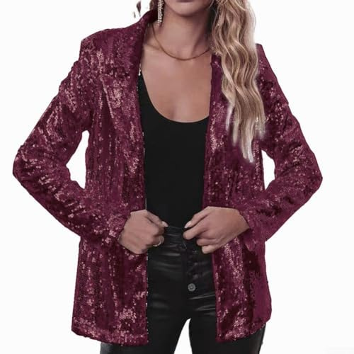 Blazer à paillettes pour femme pour sorties décontractées et soirées de fête en automne et hiver (XXL bordeaux)