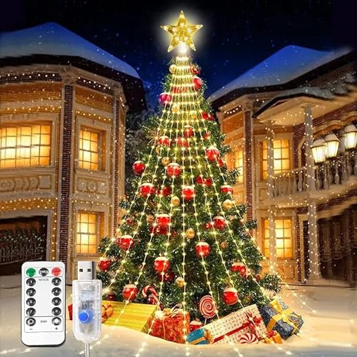 Weihnachtsbaum Lichterkette 300 LED mit Sternspitze, 3m 8 Leuchtmodi mit Memory-Funktion, Warmweiß, Weihnachtsbeleuchtung außen & innen, Weihnachtsdeko außen Weihnachten