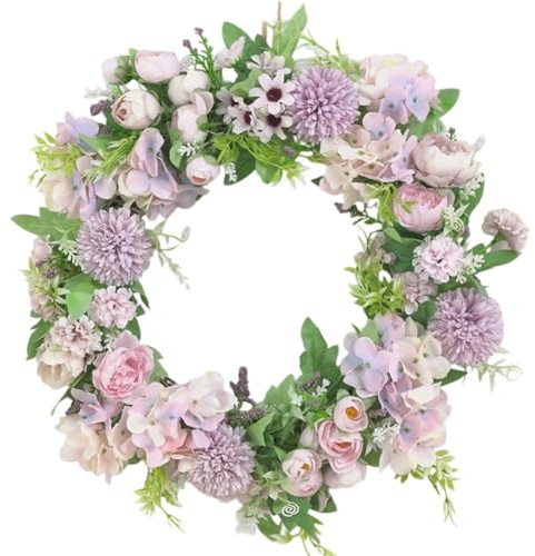 Lawnoval Ghirlanda artificiale di peonie e ortensie rosa da 40,6 cm, per decorazione di porte e pareti, viola, blu, verde, viola poco profondo