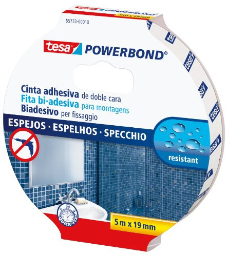 Tesa Powerbond Specchi - Nastro Biadesivo per Specchi - Nastro Adesivo Resistente All'Umidità, Adatto per Docce e Bagni - 5 m x 19 mm