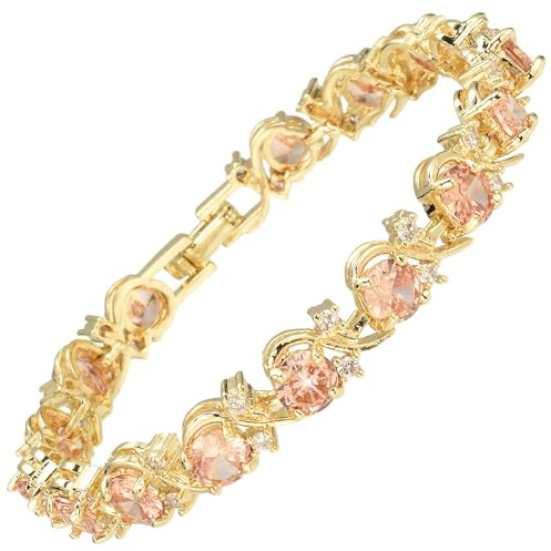 RIZILIA BLOSSOM Vergoldet Bunt Geburtsstein Tennisarmband Damen | 14K Gelbgold vergoldet Mehrfarbig Edelstein Zirkonia, 6mm Rundschliff Zirkonia, 16,5/18/19 cm, Hypoallergen, Geschenkbox