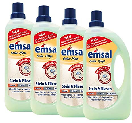 4X emsal Boden-Pflege Stein & Fliesen 1 Liter mitBioprotect Oberflächen & Fugenschutz