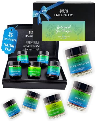 Hallingers Genuss Manufaktur Gewürz Geschenk-Set - 5 Gewürze aus aller Welt in wertiger Geschenkbox mit Rezept-Booklet Botanical Gin P..., Geschenkidee für Frauen Männer
