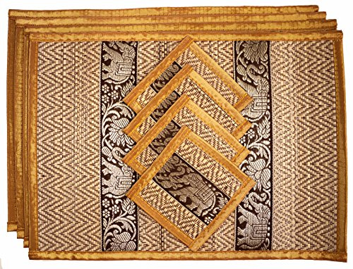 Hand-Woven Wicker Reed Placemats Coaster Set Eco-Friendly Alternative to Plastic Heat Resistant Thai Style Durable Easy to Clean for Dining Table Set of 4 (Medium, Light Gold)