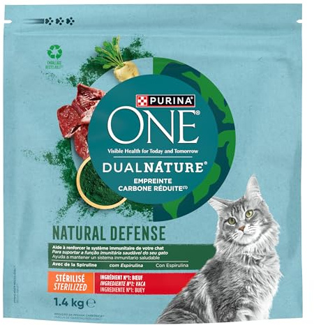 PURINA ONE | DualNature | Natural Defense | Chat Adulte Stérilisé | Croquettes riches en Spiruline: Aide à renforcer les défenses naturelles| Empreinte carbone réduite | Bœuf | Sac | Lot de 1 x 1,4 Kg