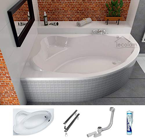 ECOLAM® Badewanne Eckwanne Comfort 150x100 cm LINKS Acryl weiß Ablaufgarnitur Ab- und Überlauf Automatik Füße Silikon