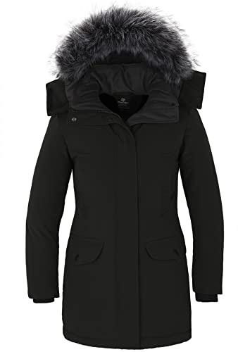 Wantdo Cappotto Foderato Imbottito Parka da Esterno Spessa a Vento con Pelliccia Giubbotto Lavoro Invernale Giacca Media Lugghezza Casual Donna Nero L