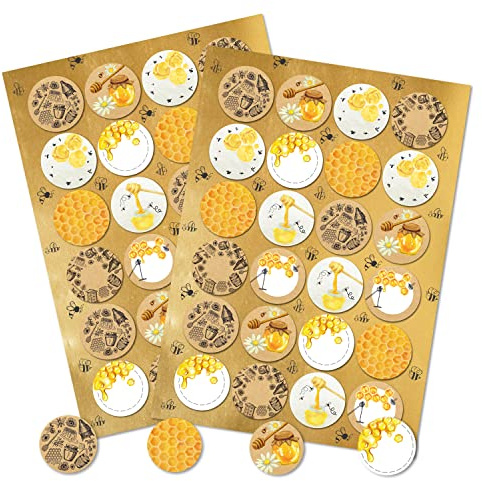 Honig-Aufkleber, 48er Set: Runde Sticker für Honiggläser & Geschenke, Honigetiketten zum Beschriften & Selbst Gestalten, Klebeetiketten, Selbstklebend, Kraftpapier-Optik, Honigaufkleber Imker, Ø 4 cm