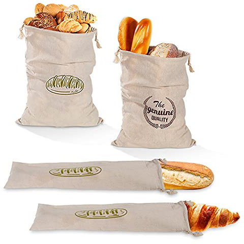Qanye 4 Stücke Leinenbeutel, Brotbeutel Brot Aufbewahrungsbeutel, Beutel Stoff Leinen Wiederverwendbare, mit Kordelzug, Taschen für Brot, Baguettes, Selbstgebackenes Brot und Andere Lebensmittel