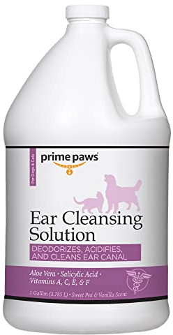 Prime Paws Ear Cleansing Solution for Dogs & Cats - Deodorizing Dog Cleaner with Aloe Vera Vitamins Professional Pet Flush Cleans Acidifies Canal Complete Care 1 gal, White (PRIM1059)