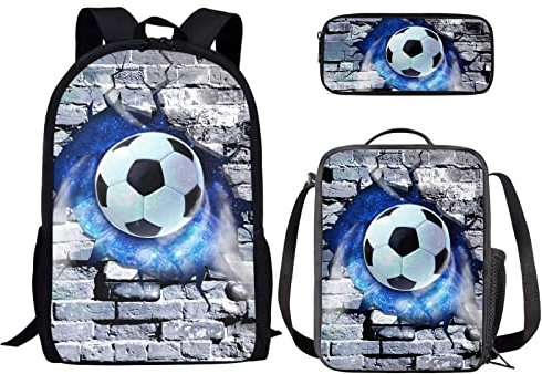 Binienty Rucksack für Jungen und Mädchen, modisches Büchertaschen-Set mit Lunchtasche und Federmäppchen für Grundschul, Kindertaschen, Reise-Rucksack, Fußball-6, Einheitsgröße