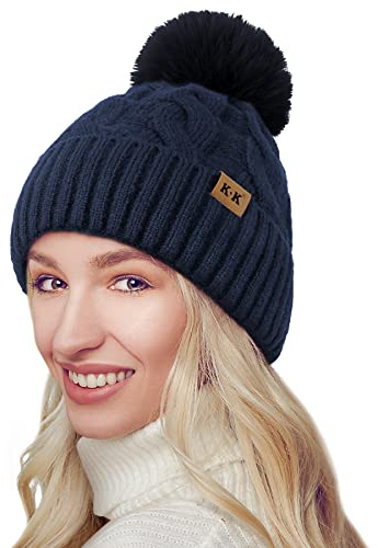 BLURBE Wintermützen für Damen – Warme Strickmütze mit Bommel, Fleecefutter, Thermo-Beanie-Mützen, weiche Ski-Manschettenmütze für Damen mit Bommel