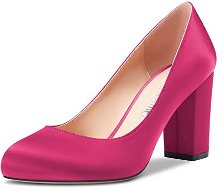 Castamere Donna Chunky Blocco Alto High Tacco Heel Rotonda Punta Slip-on Pumps da Matrimonio Feste Dress 8 CM Heels Scarpe Magenta Rosso Raso 42 EU