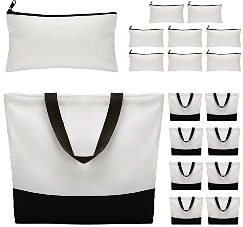Reginary 16 Pieces Canvas Tote Bag Bulk Sublimation Blank Large Reusable Grocery Shopping Bags and Makeup Pouch Case with Zipper for Women DIY Gift Craft Cosmetic School Travel Supplies