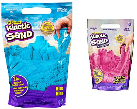 Kinetic Sand 6061464 Blau, Beutel, 907 g-magischer Sand aus Schweden für Indoor-Sandspiel, ab 3 Jahren & Schimmersand Crystal Pink, 907 g - rosa Glitzersand für Indoor-Sandspiel aus Schweden, 3+