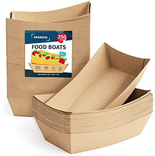 Plateaux de fête 3LB marron (250 unités) - plateaux hot-dog - boîtes en carton étanches et congelables - plateaux en papier jetables pour servir à des fêtes, boîtes en gros, nachos, chips, cinéma