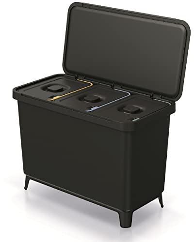 HRB Mülleimer 30 Liter Trennsystem 3 fach 3x 10 L schwarz mit Deckel, Tonne aus Hartplastik, Küche, Eimer (Schwarz)