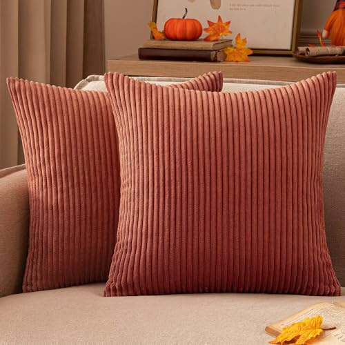 EMEMA Kuddfodral i manchester, fyrkantiga fodral för prydnadskuddar, randigt, mjukt, för hem, soffa, sovrum, dekorativa örngott, 45 x 45 cm, set med 2, karamell