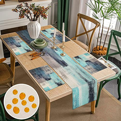 Tischläufer und Tischsets 4er Set Türkis und Grau Abstrakte Malerei Kunst Tischdeko Outdoor Wetterfest Tischläufer Platzsets Set Abwaschbar Polyester Tischdecke für Drinnen und Draußen 40x140cm