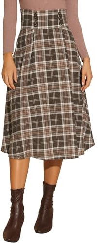 Allegra K Cintura Alta elástica a Cuadros para Mujer Vintage Otoño Invierno A-Line Midi Falda marrón L