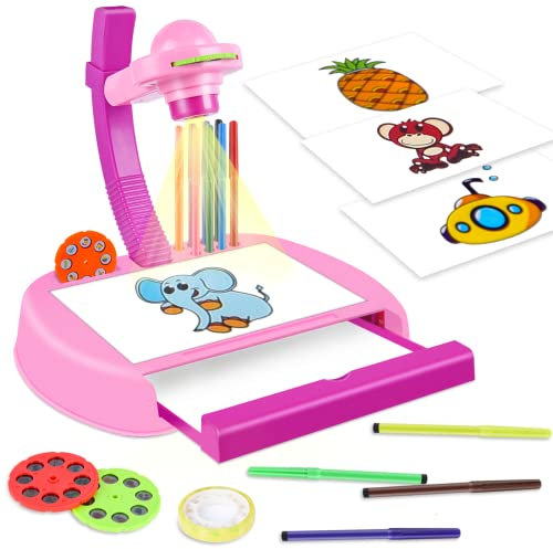 colmanda Proiettore da disegno per bambini, tavolo da disegno con 24 modelli, tavolo da disegno da disegno, giocattolo educativo a LED, per bambini (rosa)