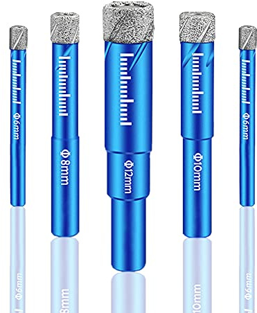 5tlg Diamantbohrer Set Fliesenbohrer Set Glasbohrer 6, 6, 8, 10, 12 mm Feinsteinzeug Bohrer Fliesen Diamant für Keramik Granit Glas Porzellan Fliesen