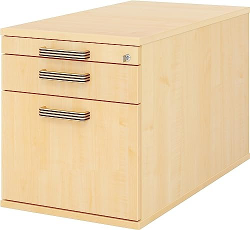 bümö Rollcontainer mit Hängeregister für Hängeordner, Container abschließbar in Ahorn - Rollwagen mit Hängeregistratur als Schreibtisch Unterschrank od. Bürocontainer m. Streifengriffe