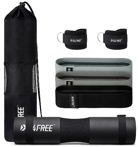 G4Free 7pcs Barbell Pad Set for Squat, Hip Thrusts, Lunges Standard Olympic Bars with 2 Gym Ankle Safety Straps, 3 Hip Resistance Bands, Barbell Pad and Carry Bag(Black)