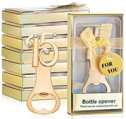 Uiifan 50 abrebotellas para fiesta de 15 cumpleaños, regalos de boda, decoraciones o recuerdos con cajas de regalo, recuerdos de fiesta de aniversario dorado para invitados con diamantes de imitación