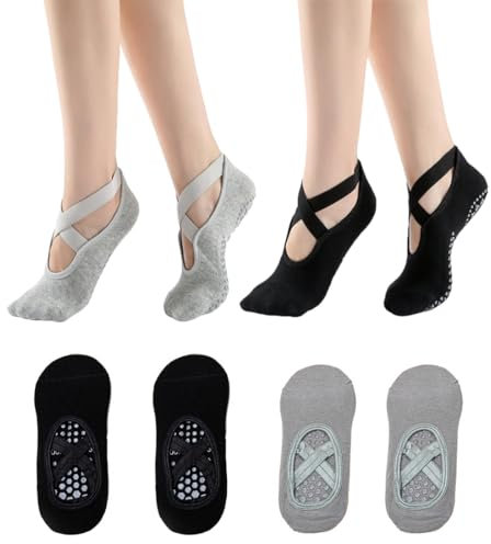 INGJIA 2 Paires Chaussettes antidérapantes Femmes, Chaussettes Yoga Pilates, Grip Sport Chaussettes, Tenue de Sport Fitness Femme Accessoires Cadeau