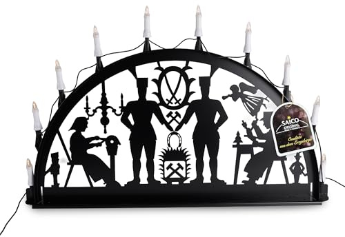 Saico - Außen-Metallschwibbogen schwarz, Motiv „Bergmann“ - Lichterbogen Weihnachtsdeko für Garten & Terrasse, wetterfester Schwibbogen aus Aluminium, mit Beleuchtung - 100 cm breit - Made in Germany