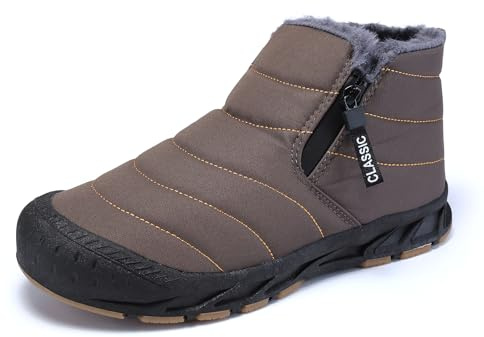 Jakcuz Men's Fuzz Lined Water Resistant Snow Boot, Winter Outdoor Boots for Hiking, Walking, Riding, Playing Sledding, Ski, Size 13, Grey Brown