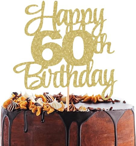 EONNCNT Tortenaufsatz Happy 60th Birthday, glitzernd, goldfarben, 60. Geburtstag, Kuchendekoration, Zubehör zum 60. Jahrestag, Prost bis 60 Jahre, 60 fabelhaft (Happy 60th Birthday)