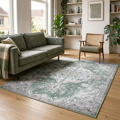 FRAAI | Home & Living Vintage Teppich - Leyla Medaillon Grün - 160x230 cm | Polypropylen - Kurzflor - Vintage - Klassik, Ländlich, Orientalisch, Retro - Wohnzimmer, Esszimmer, Schlafzimmer