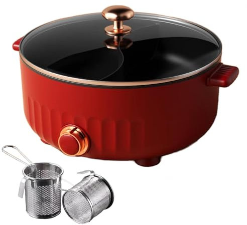 ARTSIM Appareil Fondue Chinoise, Coupure Automatique De L'Alimentation Fondue Chinoise Traditionnelle IdéAl pour Les RéUnions De Famille (avec 2 Filets Non éTanches),Red