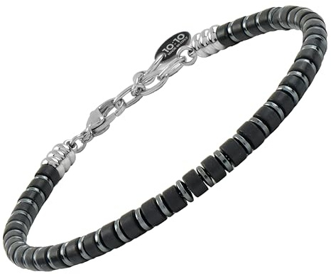 10:10 Herren-Armband mit natürlichen Halbedelsteinen 4 mm, Unterlegscheiben, Hämatit, Stahl, verstellbar, hergestellt in Italien, Regolabile, Natürliche Steine Schwarzer Achat, Edelstahl