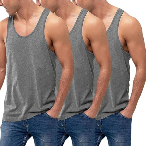 VEARZ®️ Pack of 3/6 Men's Cotton Vest Classic Slim Fit Summer Plain Tank Tops – Adults Sleeveless Undershirts Gym Training Tops Plus Size Grey-M-3