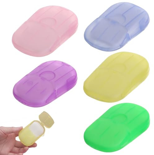 pcsfoe Fogli di sapone di carta per sapone da viaggio, 5 scatole/100 fogli di sapone da viaggio, mini sapone, carta con scatola di plastica, sapone da viaggio portatile per viaggi, campeggio, 20 pezzi