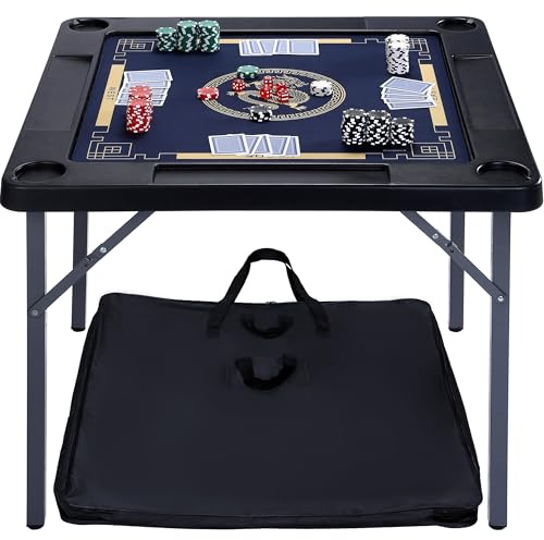 Queensell Folding Game Table with Double Sided Mat, Foldable Board Game Table for Mahjong, Domino, Poker, Puzzle, Card - 35 x 35 x 27 Inches with Storage Bag