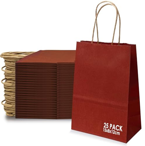 25 st. papperspåsar med handtag – rött vin kraftpapperspåsar med handtag, presentpåsar, kraftpapperspåsar, papperspåsar tjockare 21 x 8 x 15 cm