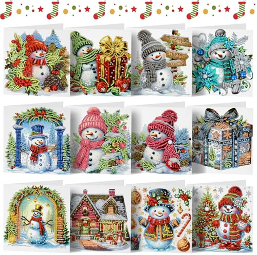 Diamond Painting Karten, 12 Stück Diamant Kunst Weihnachtskarten mit Umschlag Set, 5D DIY Schneemann Grußkarten, Handgefertigte Festivalpostkarten