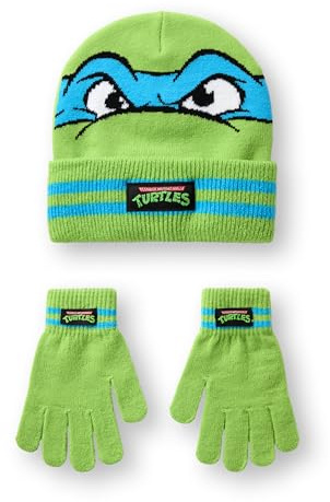 TEENAGE MUTANT NINJA Turtles Jungen-Beanie-Mütze- und Handschuh-Set | TMNT Leonardo Charaktergesicht Wintermütze und gestreifte Strickhandschuhe in Grün | Animierter Krieger-Kopf