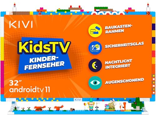 KIVI KidsTV Fernseher 32'' Smart TV Android FHD; mit Voice Assistant; HVA-Panel; kompatibel mit HBO, Disney+, Netflix, YouTube Kids; mit schützendem, gehärtetem Glas; verbessert