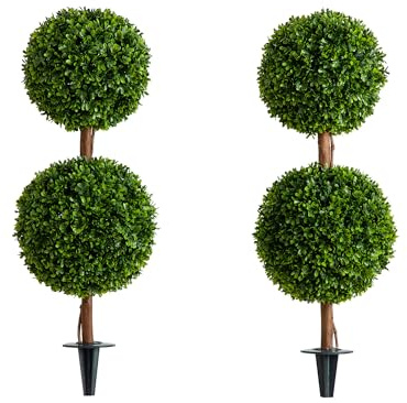 Nearly Natural 3ft UV-Resistant Artificial Double Ball Boxwood Topiary, Set of 2 with Integrated Ground Stake, Premium Fade-Proof Faux Greenery, Ideal for Indoor and Outdoor Decor, Easy Installation