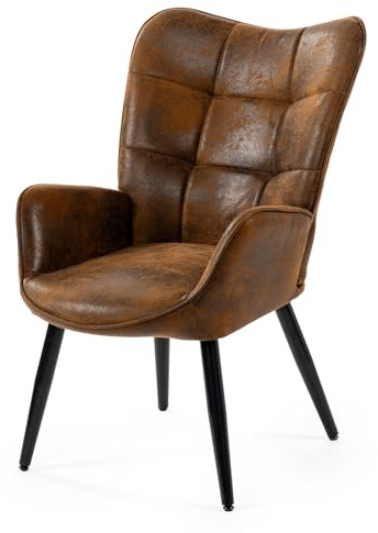 MEUBLE Cosy Sillón Nórdica Butaca de Salón para Dormitorio Silla Escandinavo con Respaldo y Reposabrazos Patas de Metal en Gamuza Marrón