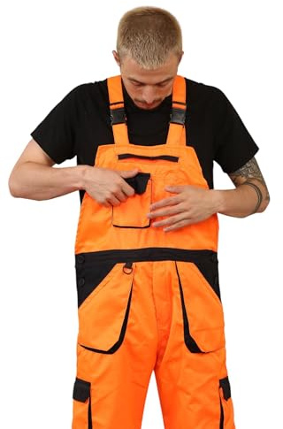 Men's Hi Vis Contrast Bib and Brace Workwear Dungarees Adjustable Straps Work Dungarees For Men UK High Visibility Overall Safety Hi Viz Dungarees Orange 3XL